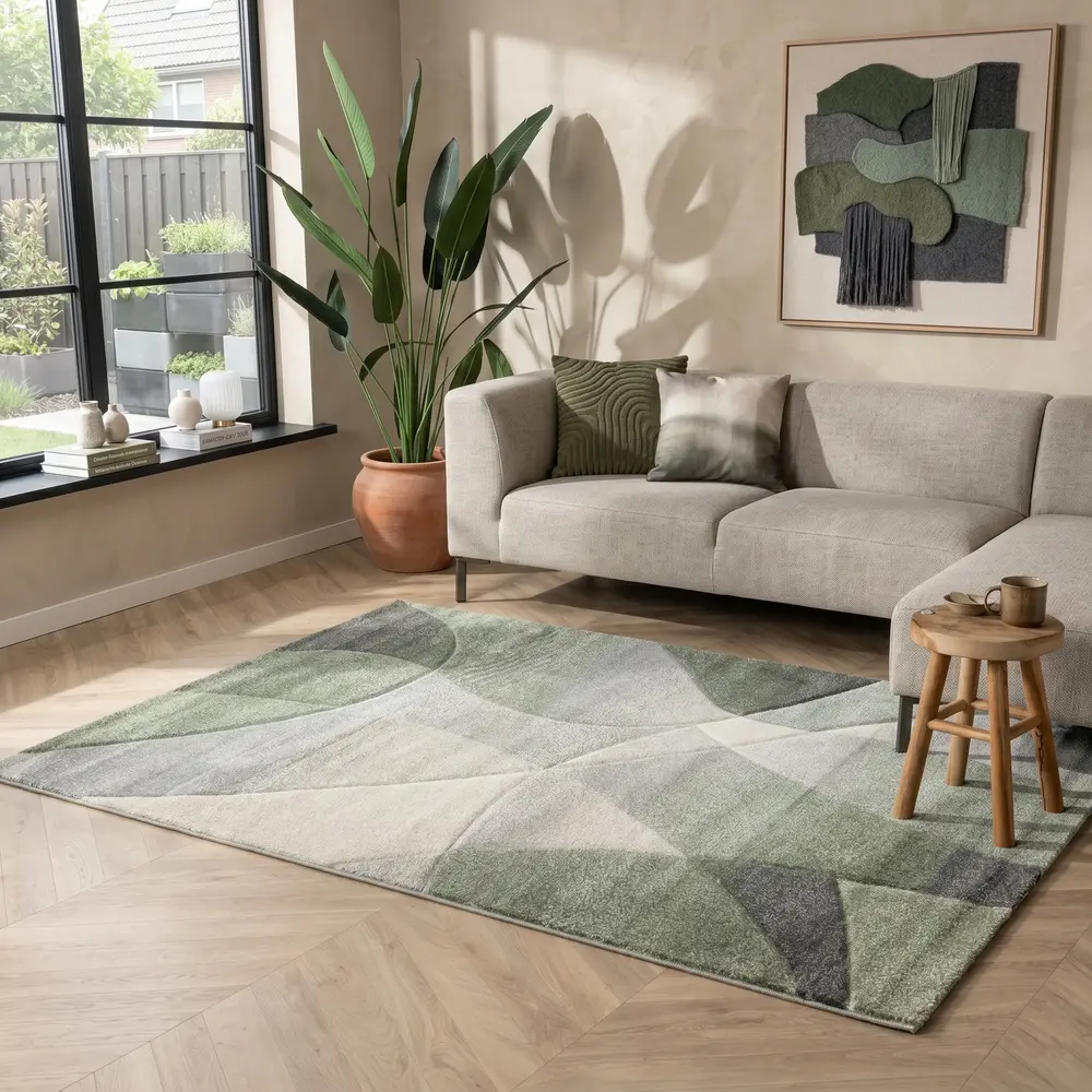Abstract vloerkleed - Vernazza Groen/Creme