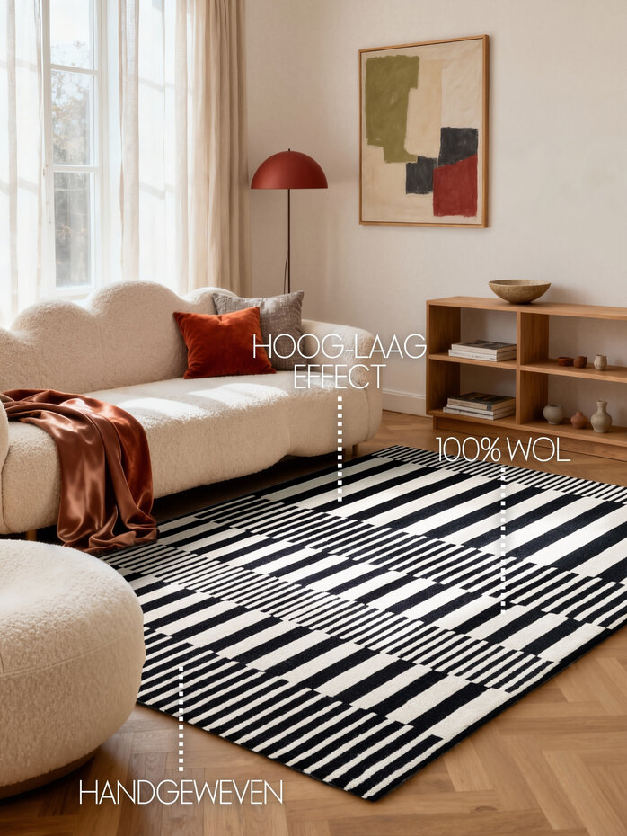 Wollen vloerkleed geometrisch - Stryve Pulse Zwart/Wit Wollen vloerkleed geometrisch - Stryve Pulse Zwart/Wit