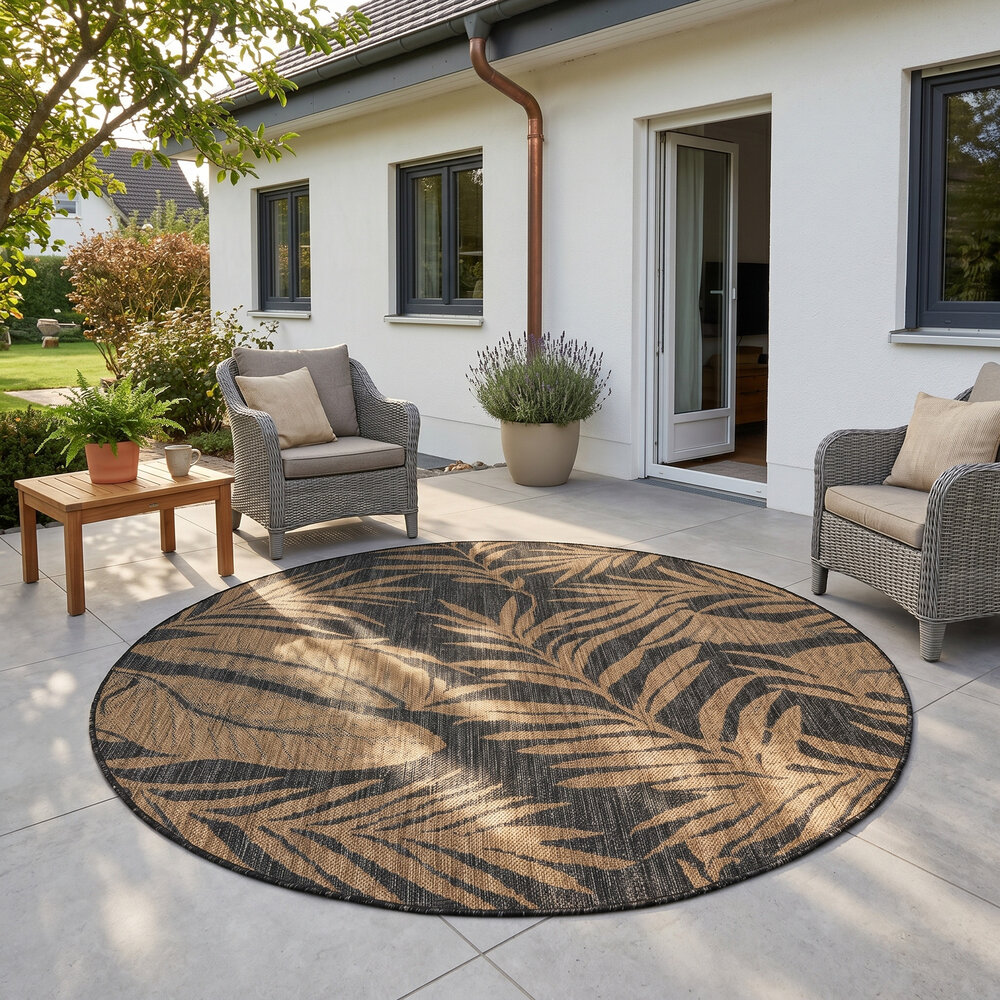 Rond bladeren buitenkleed - Mira Zwart/Naturel Rond bladeren buitenkleed - Mira Zwart/Naturel