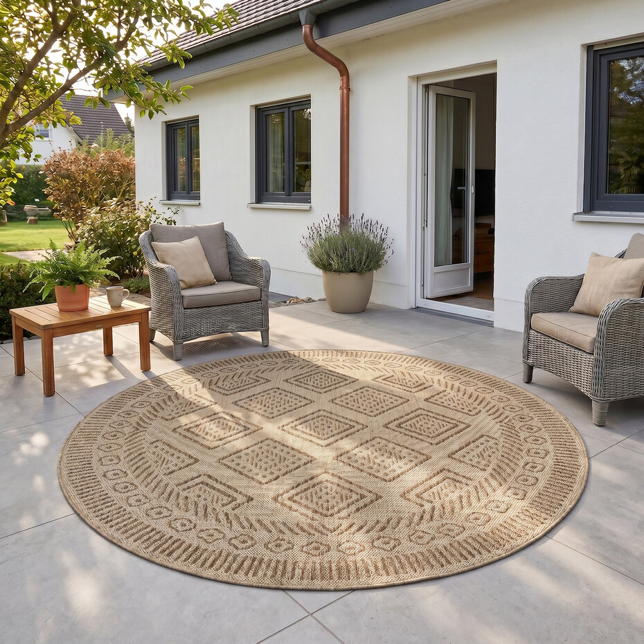 Rond Boho buitenkleed - Mira Beige Rond Boho buitenkleed - Mira Beige