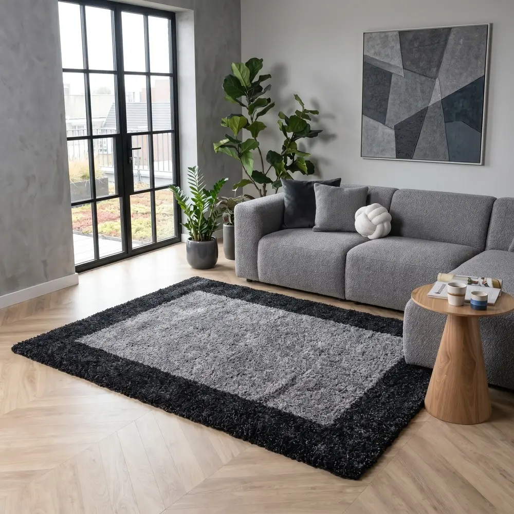 Hoogpolig vloerkleed - Candy Shaggy Antraciet Lijstmotief Hoogpolig vloerkleed - Candy Shaggy Antraciet Lijstmotief