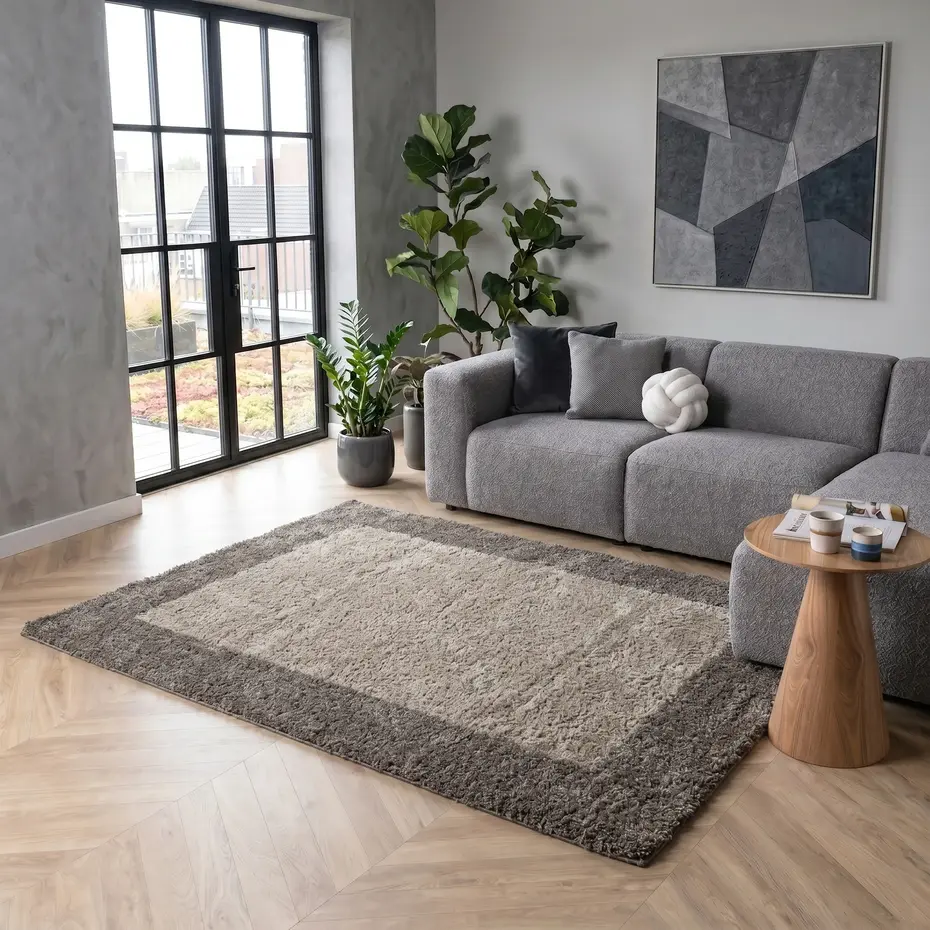 Hoogpolig vloerkleed - Candy Shaggy Taupe Lijstmotief Hoogpolig vloerkleed - Candy Shaggy Taupe Lijstmotief