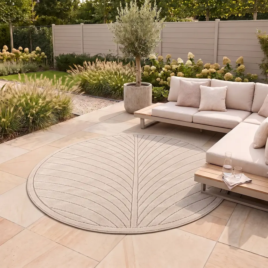 Rond palmblad binnen- en buitenkleed – Novara Beige