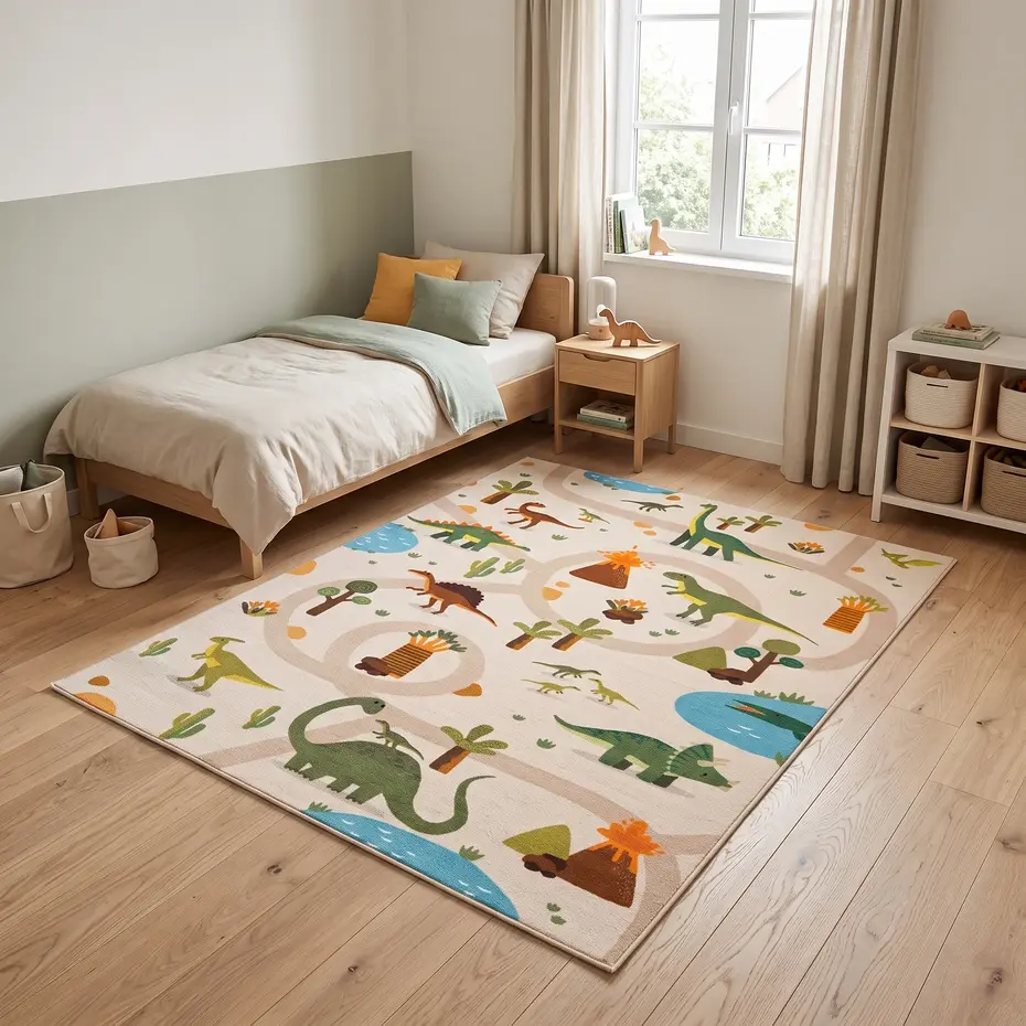 Kinderkamer vloerkleed - Coco Dino Beige/Kleurrijk Kinderkamer vloerkleed - Coco Dino Beige/Kleurrijk