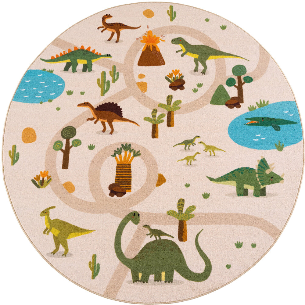 Rond kinderkamer vloerkleed - Coco Dino Beige/Kleurrijk