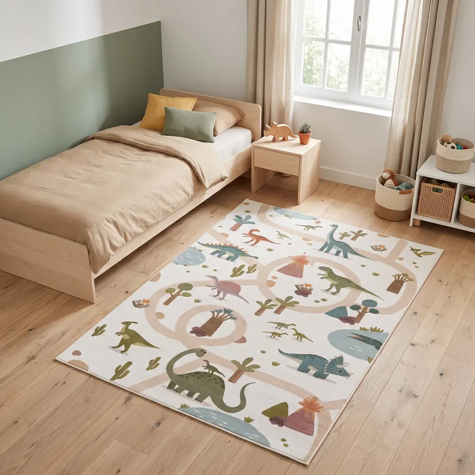 Kinderkamer vloerkleed - Coco Dino Creme/Kleurrijk Kinderkamer vloerkleed - Coco Dino Creme/Kleurrijk