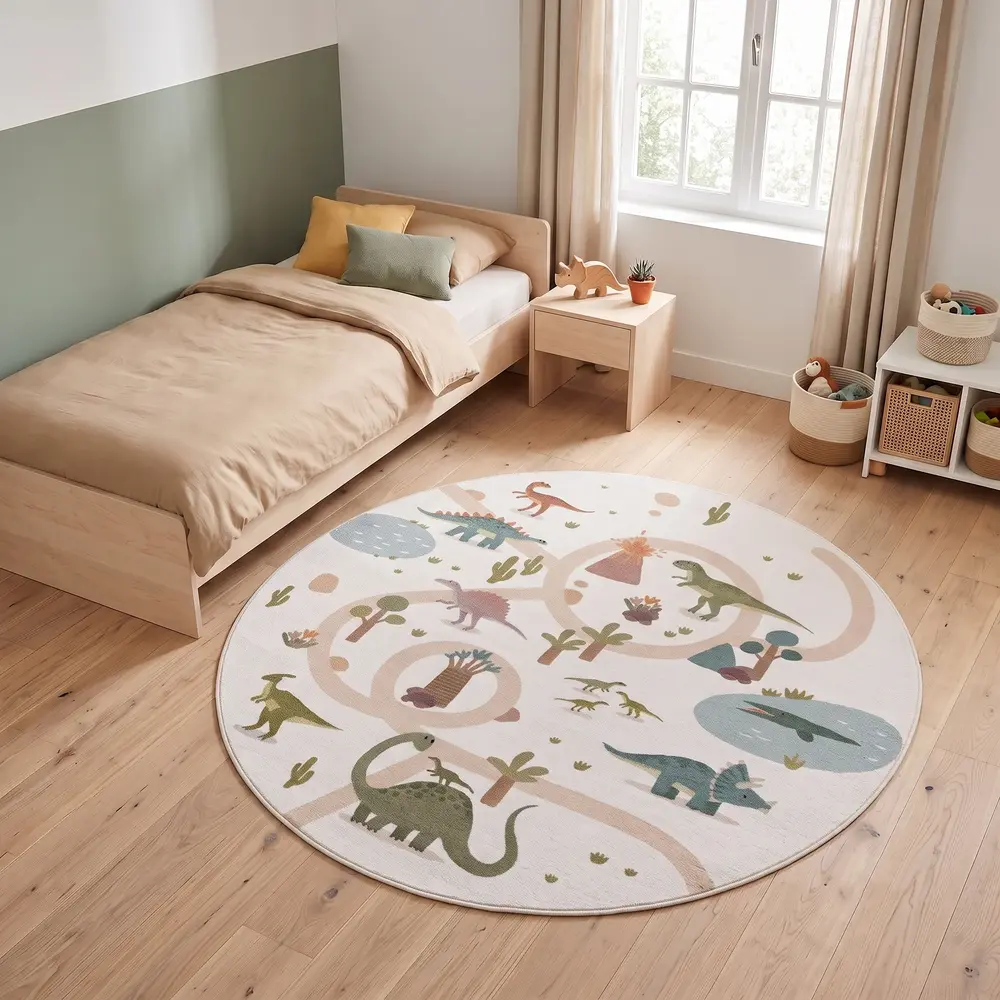Rond kinderkamer vloerkleed - Coco Dino Creme/Kleurrijk