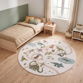 Rond kinderkamer vloerkleed - Coco Dino Creme/Kleurrijk