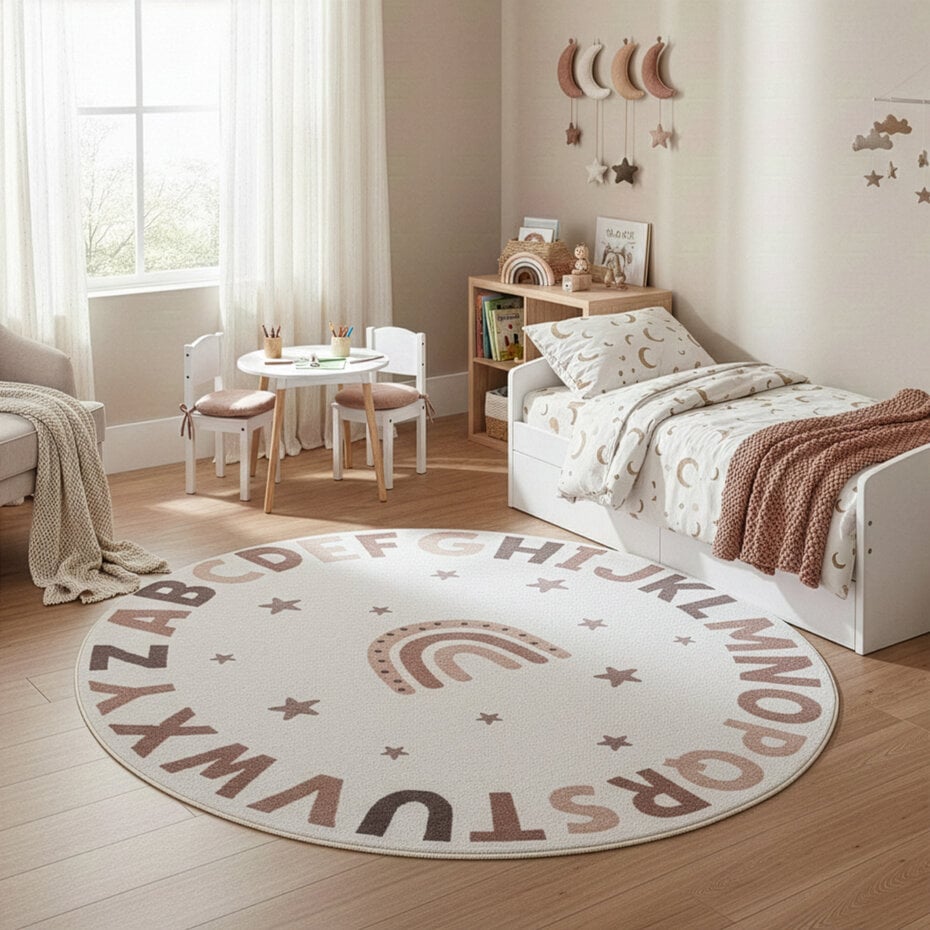 Rond kinderkamer vloerkleed - Coco Alfabet Creme/Kleurrijk Rond kinderkamer vloerkleed - Coco Alfabet Creme/Kleurrijk