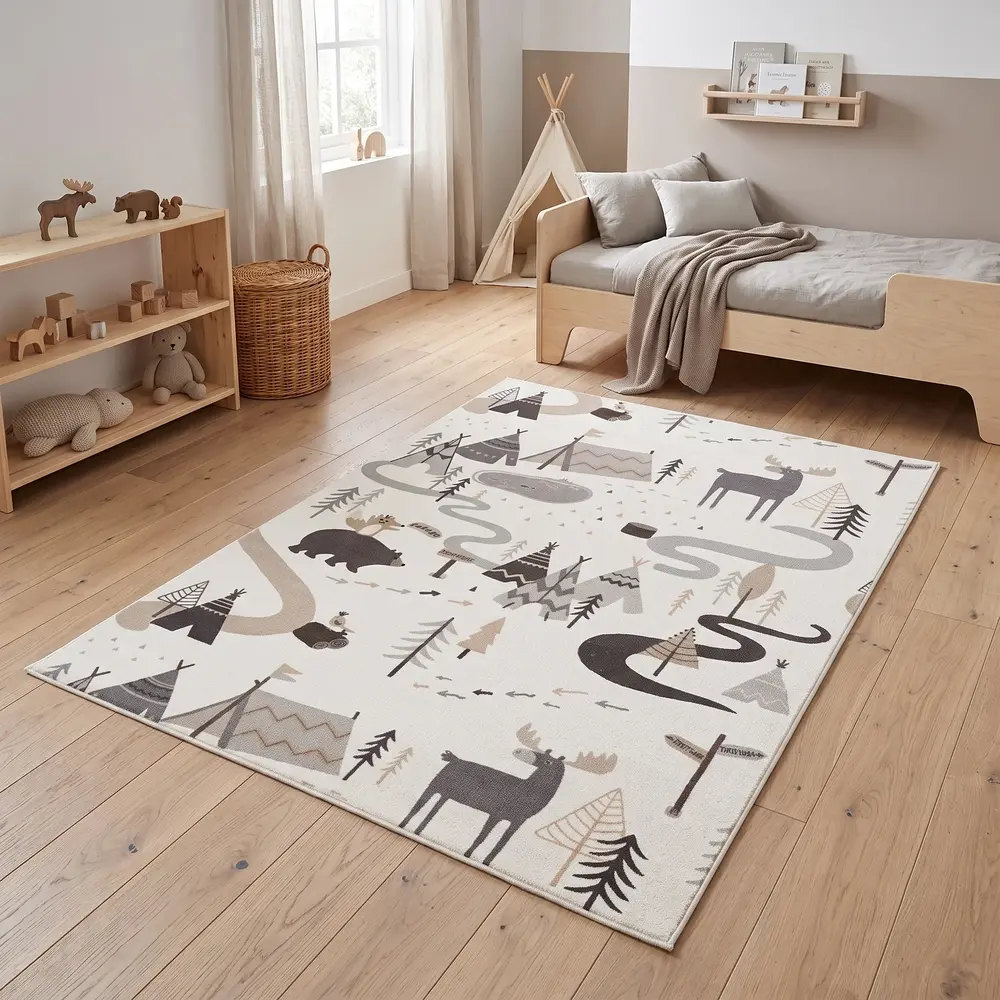 Kinderkamer vloerkleed - Coco Bosavontuur Creme/Grijs