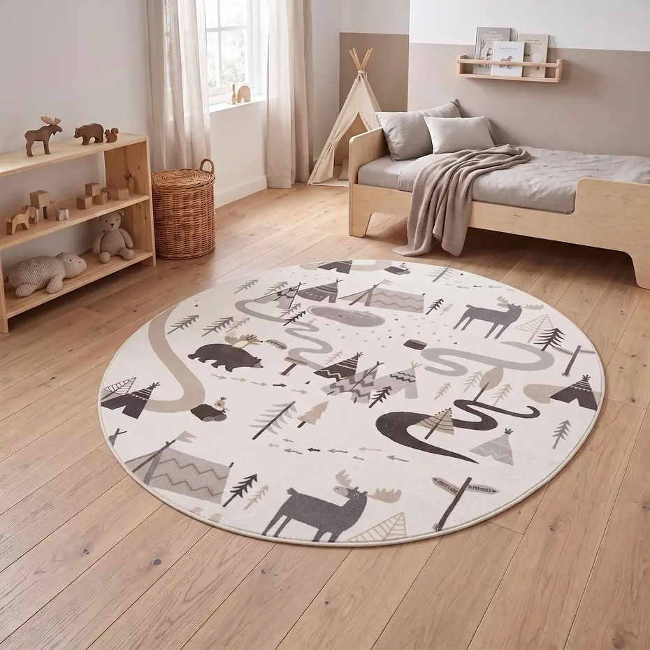 Rond kinderkamer vloerkleed - Coco Bosavontuur Creme/Grijs Rond kinderkamer vloerkleed - Coco Bosavontuur Creme/Grijs