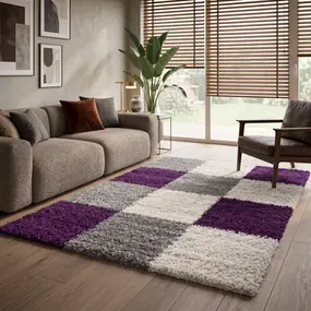 Hoogpolig vloerkleed - Candy Shaggy Paars Geblokt Hoogpolig vloerkleed - Candy Shaggy Paars Geblokt