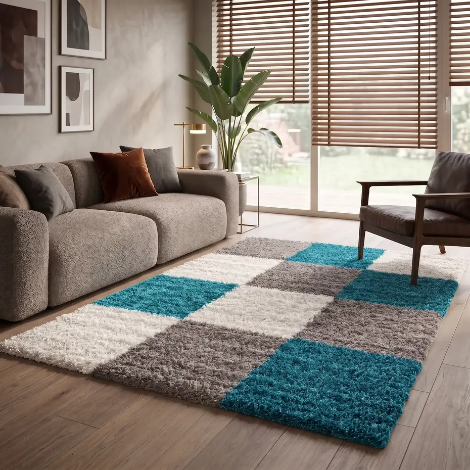 Hoogpolig vloerkleed -candy Shaggy Turquoise Geblokt Hoogpolig vloerkleed -candy Shaggy Turquoise Geblokt