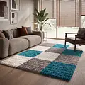 Hoogpolig vloerkleed -candy Shaggy Turquoise Geblokt