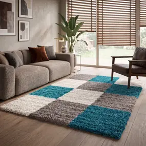 Hoogpolig vloerkleed - Candy Shaggy Turquoise Geblokt Hoogpolig vloerkleed - Candy Shaggy Turquoise Geblokt