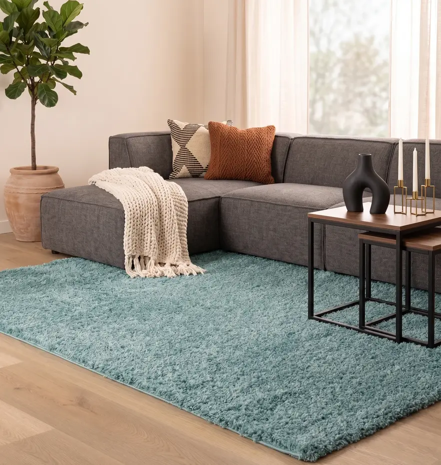 Azure Hoogpolig Aqua Blauw vloerkleed - Effen