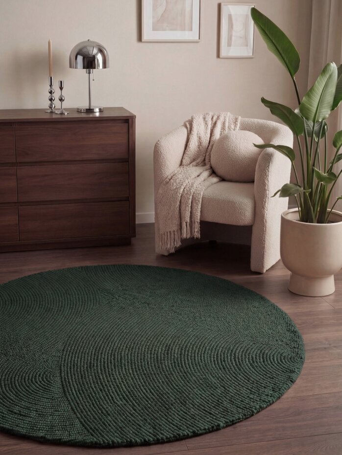 Rond wollen japandi vloerkleed - Calmio Groen Rond wollen japandi vloerkleed - Calmio Groen