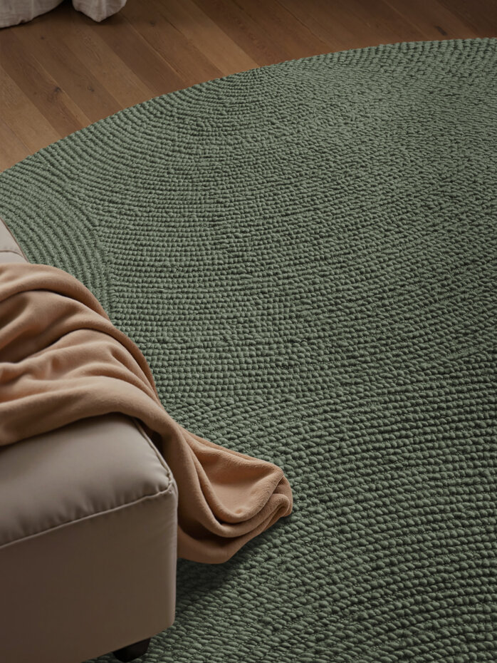 Rond wollen japandi vloerkleed - Calmio Groen Rond wollen japandi vloerkleed - Calmio Groen