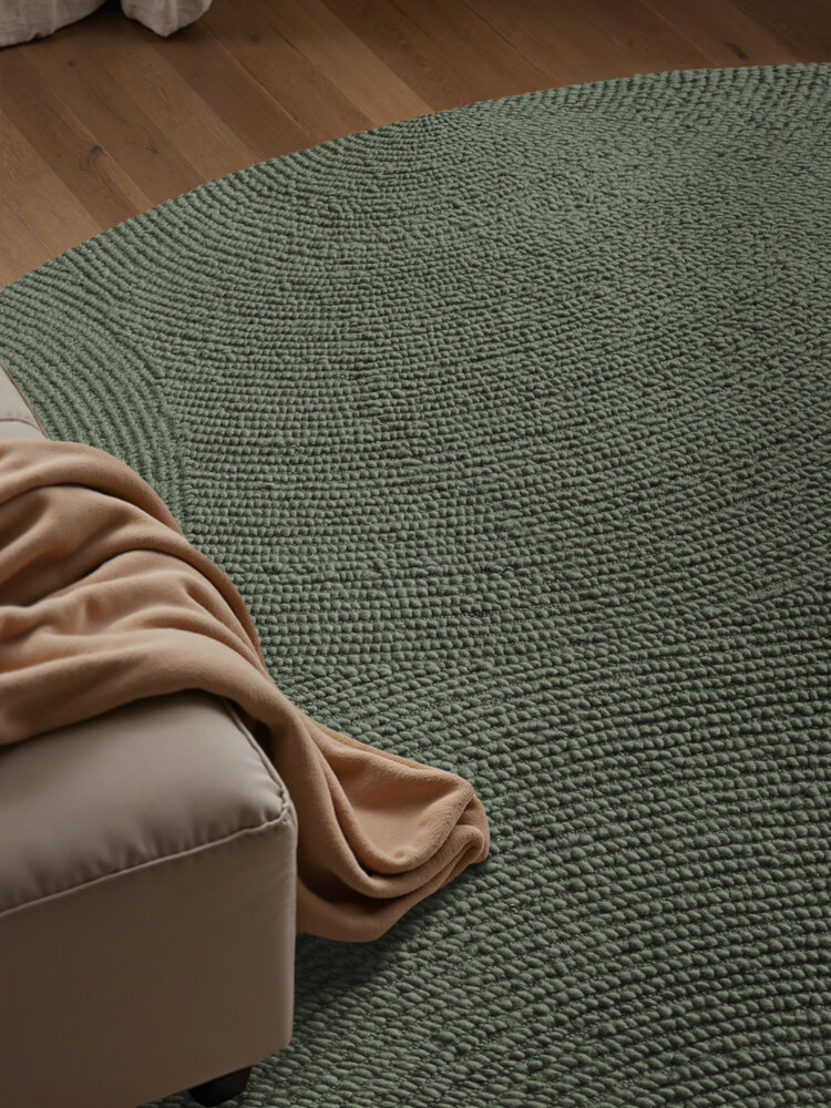 Rond wollen japandi vloerkleed - Calmio Groen Rond wollen japandi vloerkleed - Calmio Groen