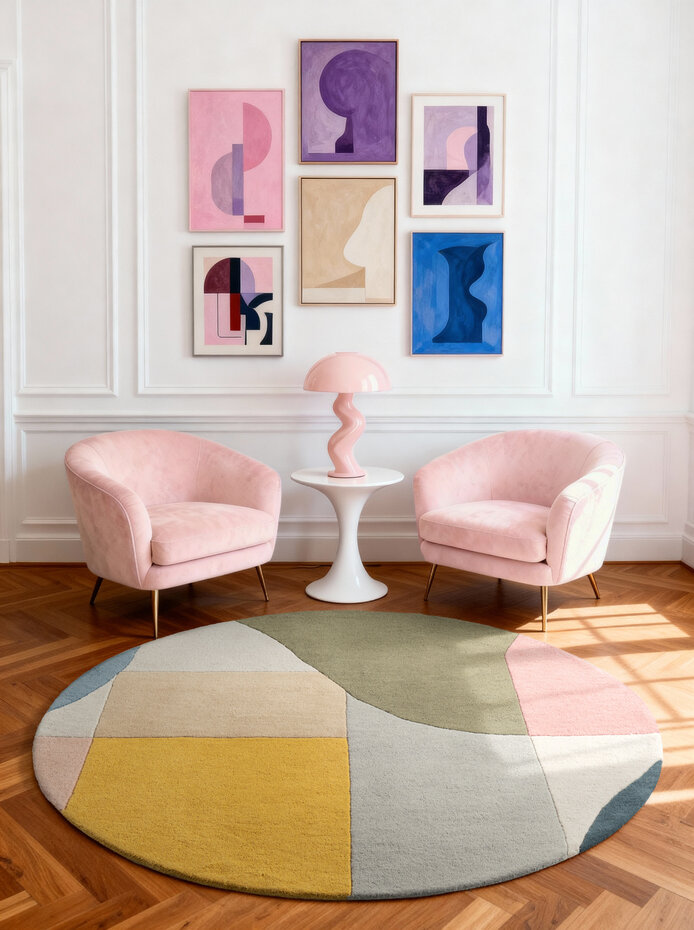 Rond geometrisch wollen vloerkleed - Westminster Curzon Creme/Kleurrijk