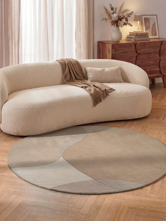 Rond abstract wollen vloerkleed - Ovia Creme/Beige