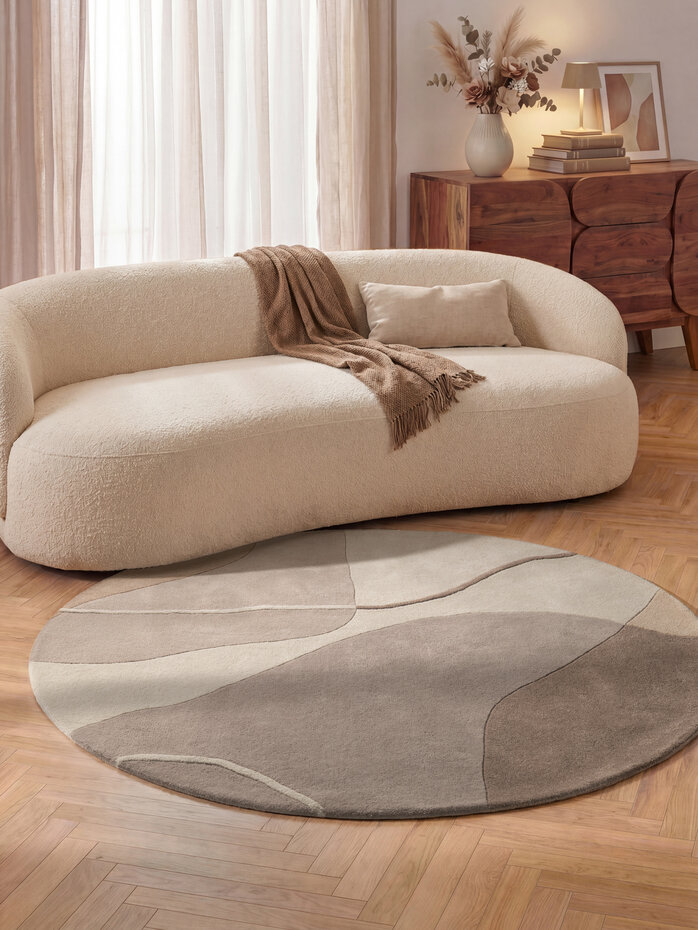 Rond abstract wollen vloerkleed - Virelle Creme/Beige Rond abstract wollen vloerkleed - Virelle Creme/Beige