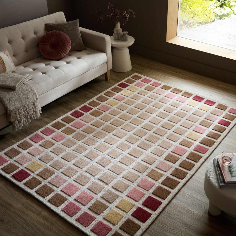 Wollen vloerkleed - Renga Geblokt Roze Wollen vloerkleed - Renga Geblokt Roze