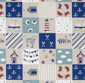 Decostoffen Maritiem patchwork rood blauw linnenlook