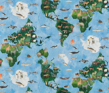 Decostoffen Wereldkaart met dieren - digitale print