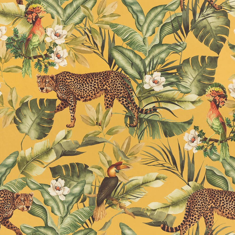 Luipaard jungle velvet stof met gele ondergrond - Decostoffen
