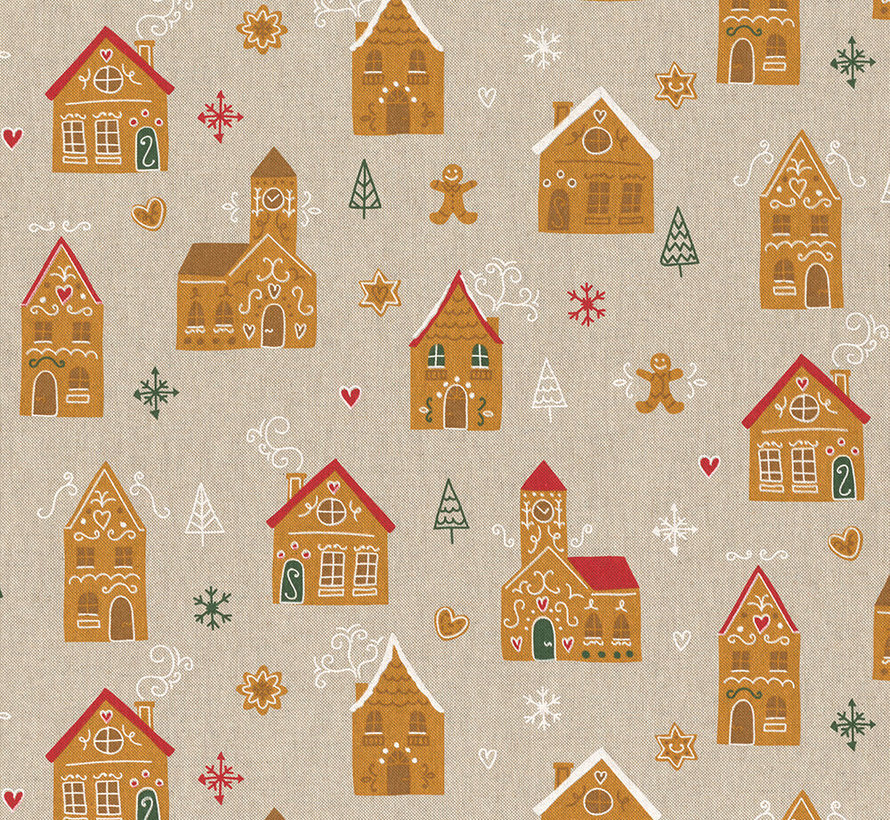 Kerstmarkt huizen, peperkoek mannetjes en sneeuwvlokken op linnenlook stof