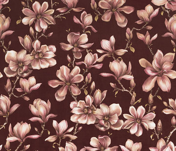 Decostoffen Velvet deluxe magnolia bloemen bordeaux