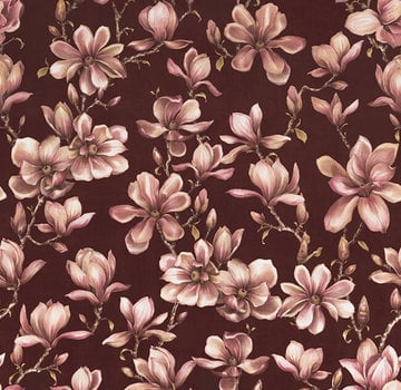 Decostoffen Velvet deluxe magnolia bloemen bordeaux