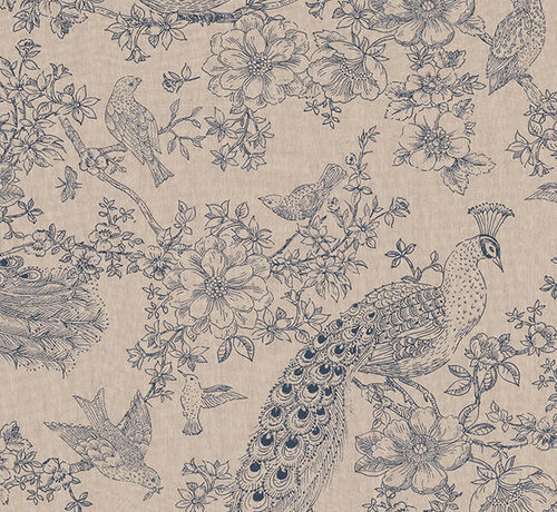 Decostoffen Pauwen, vogels en rozen linnenlook stof