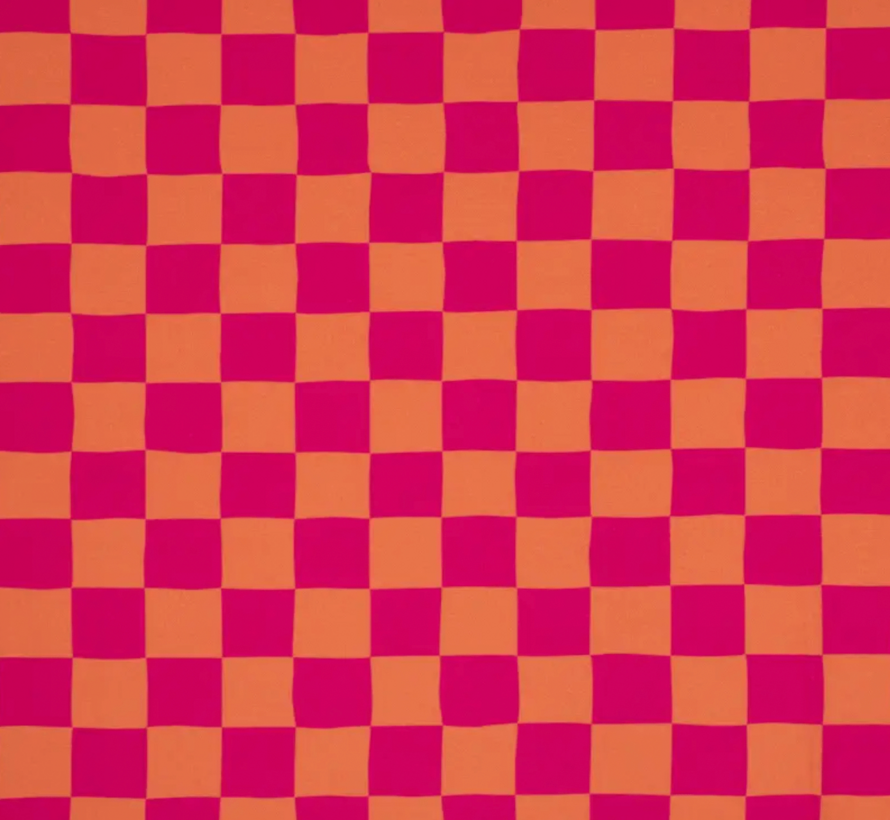 Roze en oranje blokjes digitale print stof