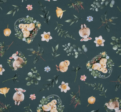 Decostoffen Pasen lammetjes en kuikentjes digitale print stof