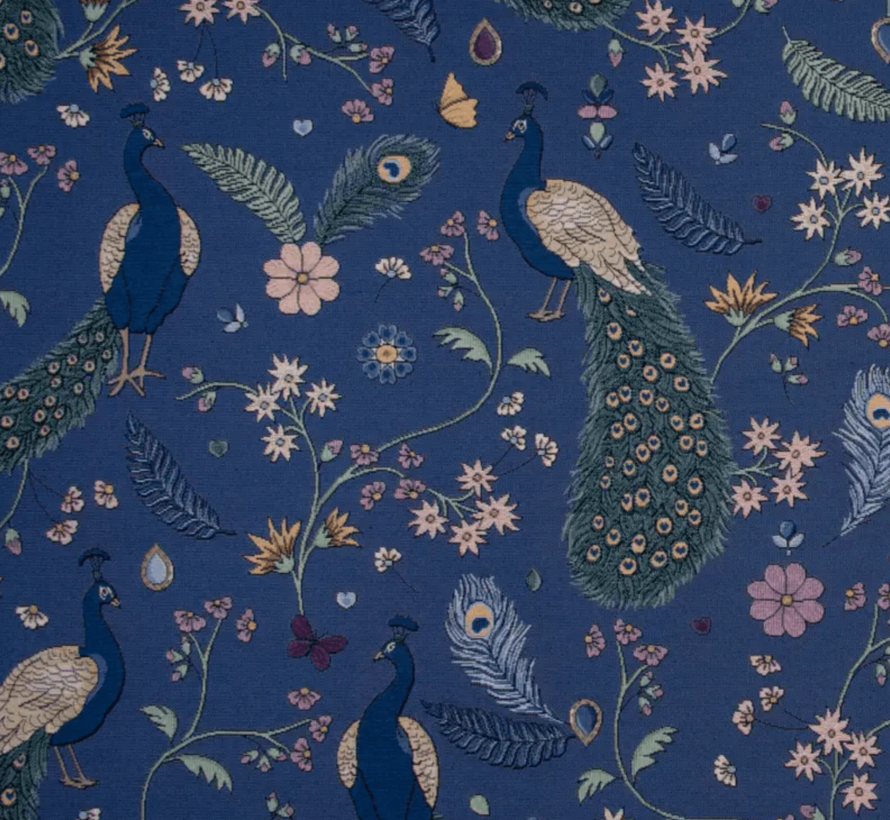 Pauw donkerblauw gobelin stof