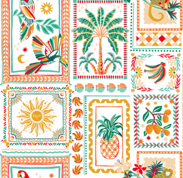 Decostoffen Boho palmbomen en zon popline