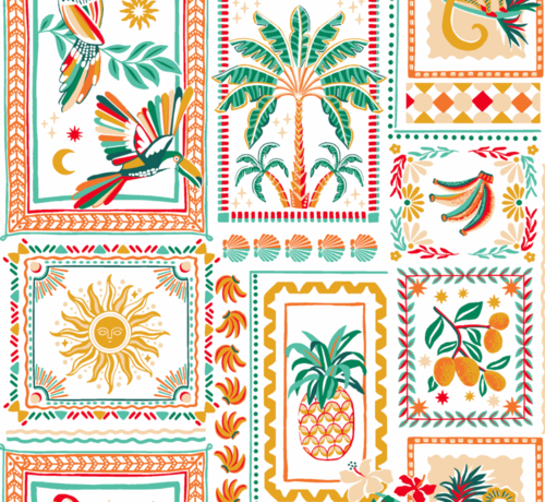 Decostoffen Boho palmbomen en zon popline