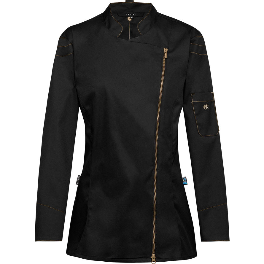 Kochjacke Damen, Kontrast-RV gold-bronze , langarm, schwarz Gr. M