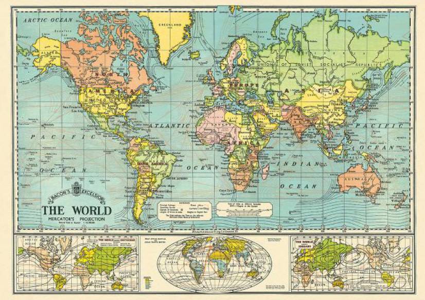 Cavallini World Map 6 Wrap Poster Grey Street