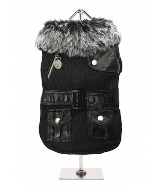 Urban Pup Urban Pup Black Fabric Coat with Fur Collar & Leather Belt