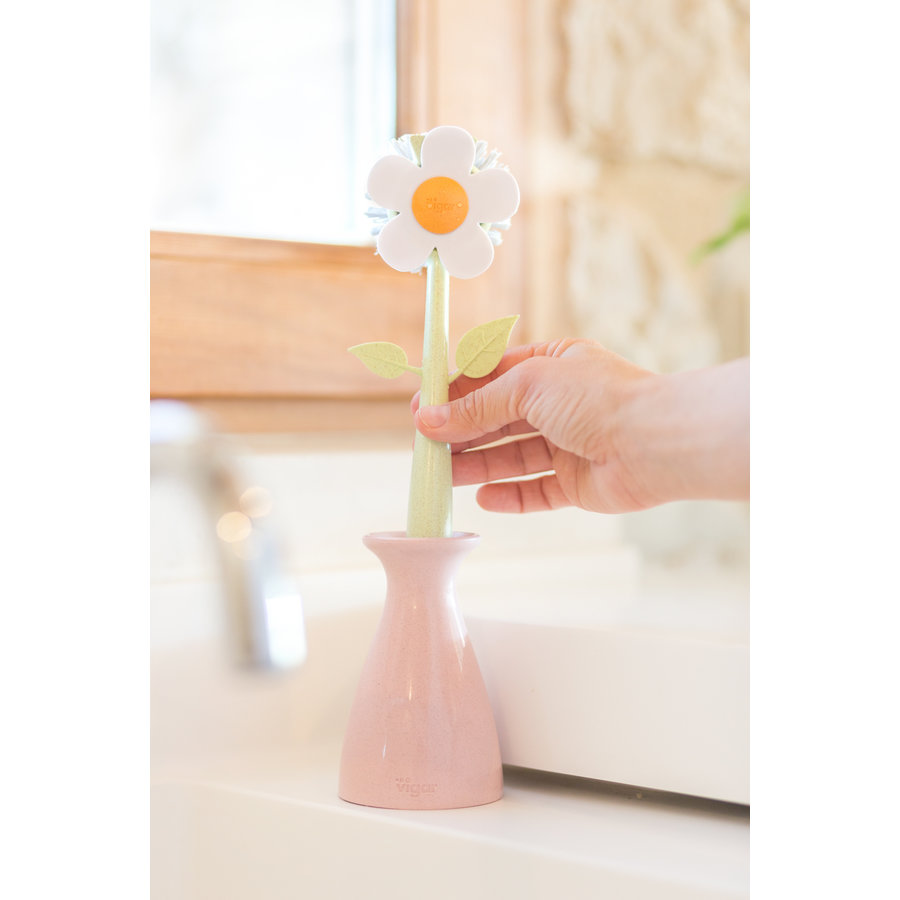 Vigar Florganic Dish Brush with Vase, Eco-Friendly, Daisy-Shaped Dish Brush  and Holder, Pink