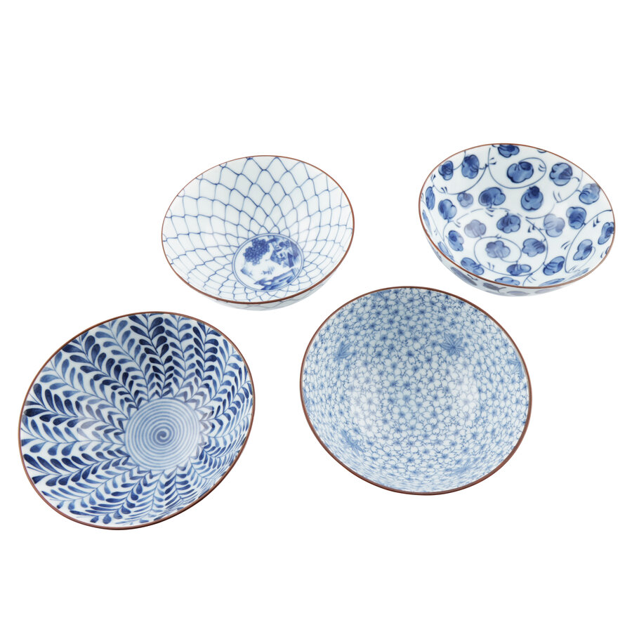 Cadeauset 4 Rijstkommen 12 cm Patronen Blauw-Wit