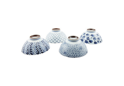  Gift Set 4 Rice Bowls 12 cm Patterns Blue-White 