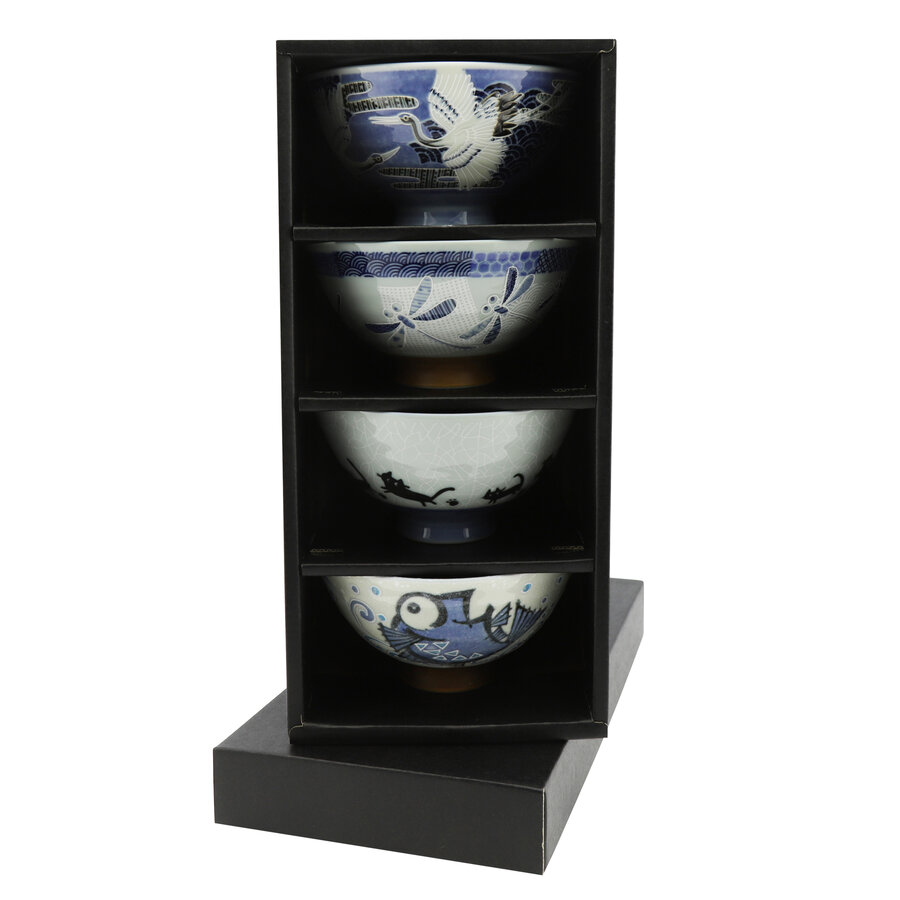 Cadeauset 4 Rijstkommen 12 cm Dieren Blauw-Wit