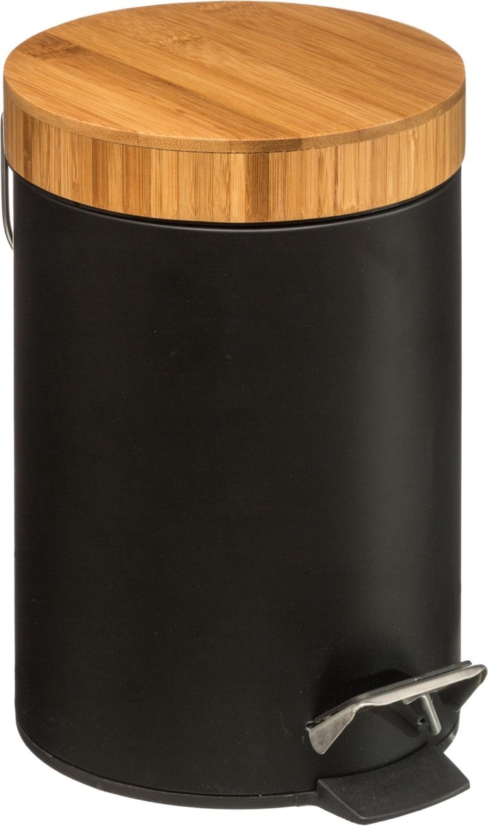Five® Zwarte Pedaalemmer - 3 Liter - Metaal / Bamboe - Klein formaat - Eigentijds design voor in elk interieur