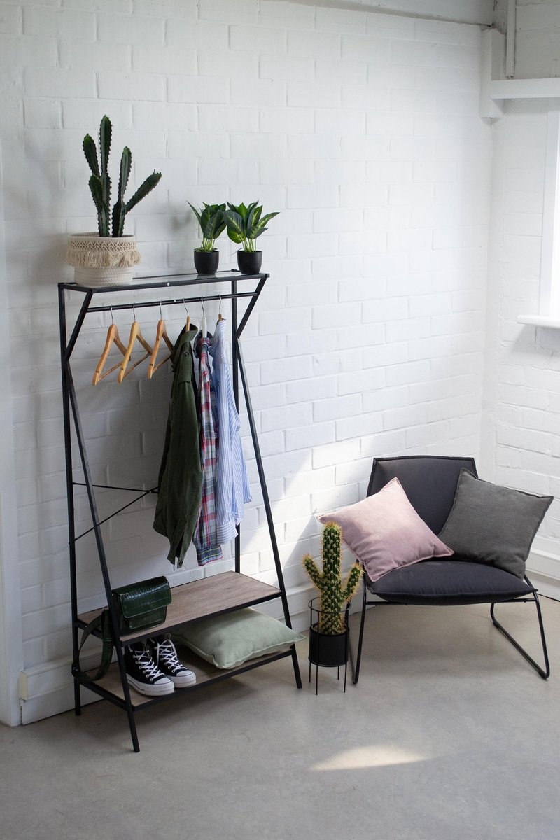 5Five - Coat rack with shoe rack - Metal and Wood - Black - 80 x 38 x 160 cm