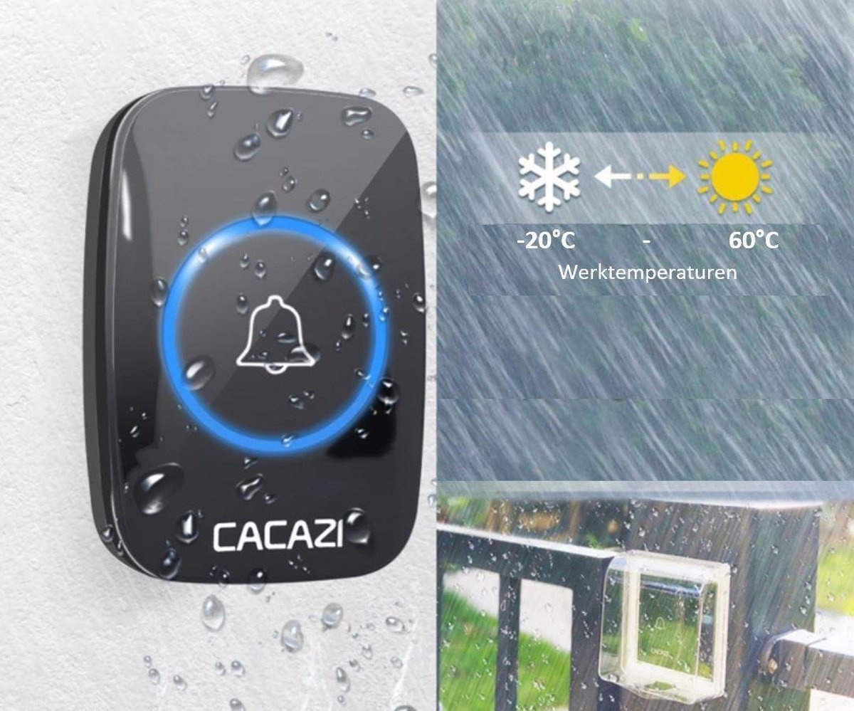 Cacazi - Draadloze Deurbel - 3 Ontvangers - Zwart