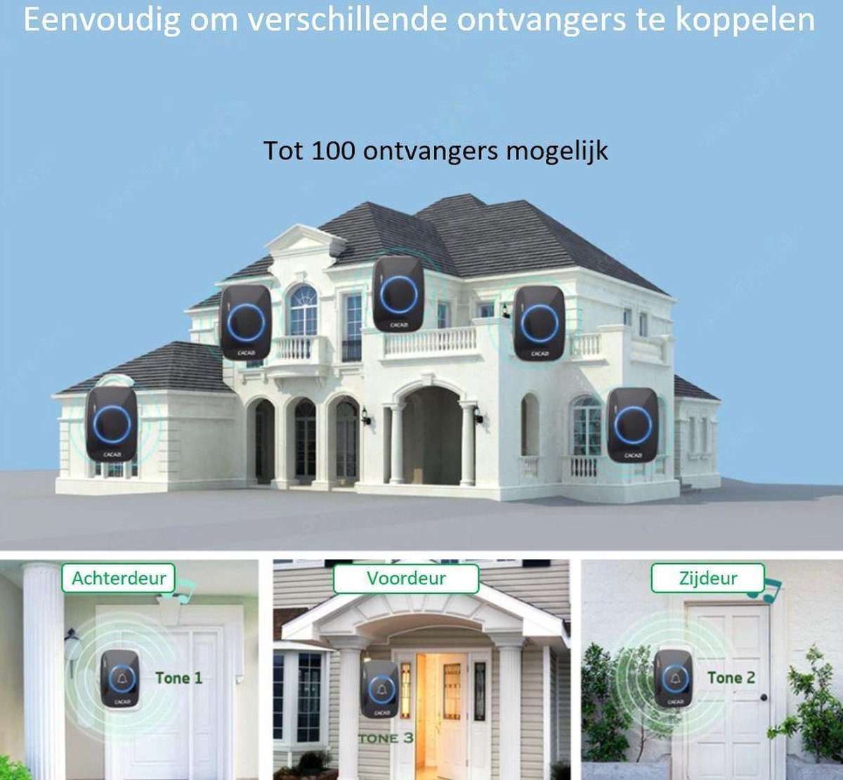 Cacazi - Draadloze Deurbel - 3 Ontvangers - Zwart